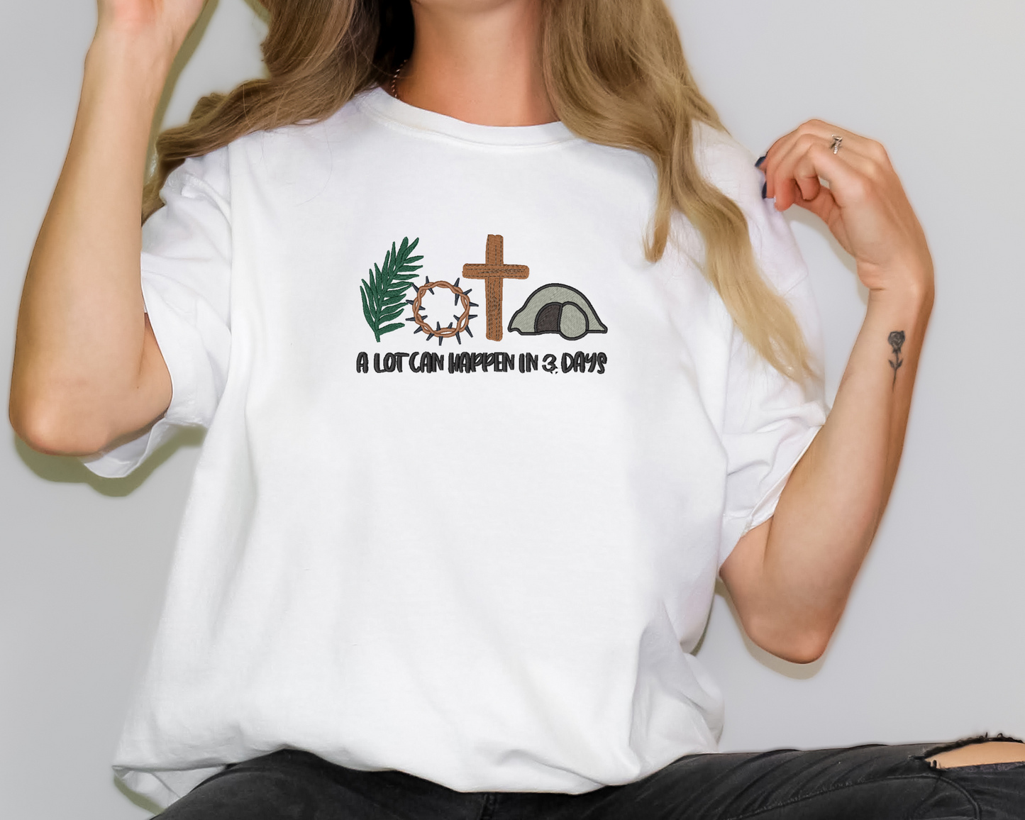 A Lot Can Happen in 3 Days" – Embroidered Christian Tee